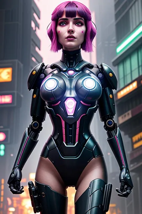 closeup portrait of a cute cyberpunk street samurai, standing in a dark back alley, surrounded by hoodlums, ready to fight, short bright pink hair, wearing black latex bodysuit, gauntlets, pauldrons, she is ready for a fight, sword in hand, toned and fit, streetlight, (backlighting), realistic, masterpiece, highest quality, ((intricate armor)), fantasy forest in background, orcs surround her, fantasy monsters in background, night, dark, ((excited)), lens flare, shade, bloom, ((light sparkles)), [chromatic aberration], by Jeremy Lipking, by Antonio J. Manzanedo, by (Alphonse Mucha), digital painting, (goth:1.2),(enhanced cyborg body:1.1),(intricate:1.2), (cyberpunk:1.2), (in the style of Blade Runner:1.2), ( robot joints:1.1), (robot eyes:1.2), (perfect face:1.2), (led lighting:1.2), (smokey:1.1), (in the style of Ghost In The Shell:1.2)