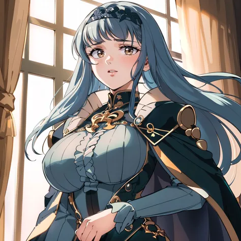 anime - style image of a woman in a blue dress with long hair