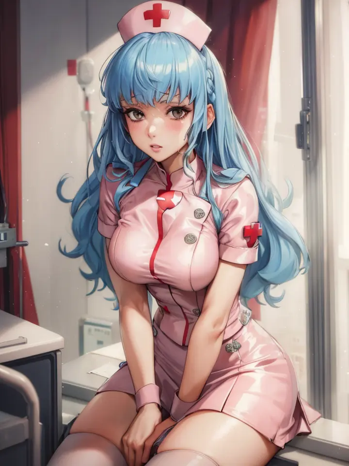 masterpiece, best quality, marianne_hopes, long hair, nurse hat, pink nurse outfit, white skirt, hospital room 