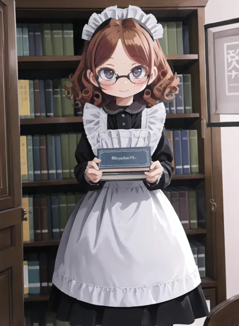 narrow waist, 1girl,
study room, bright, many bookshelves, many books
light smile, looking at viewer, 
traditional maid ,Ginger ...