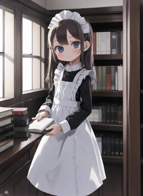 narrow waist, 1girl,
study room, bright, many bookshelves, many books
light smile, looking at viewer, 
traditional maid  <lora:T...