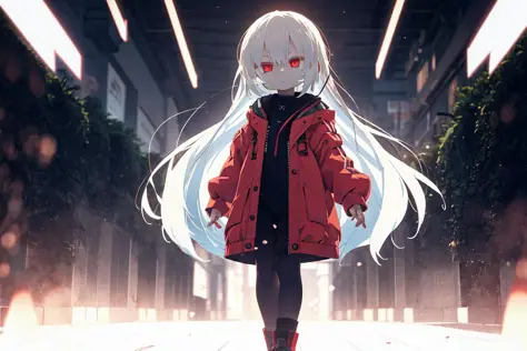 sun glare, bokeh, depth of field,light particles, strong wind,
solo,1girl,
long hair,white hair,
red eyes,
expressionless,
oversize jacket,