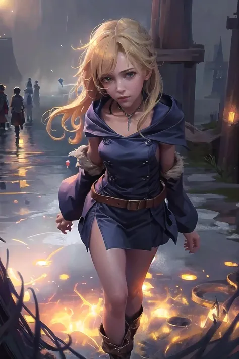 zrpgstyle medieval (pirate:1.2) blonde girl with navy blue coat belts straps pants standing on the docks in a (crowd of sailors working:1.1) leather and fur winter cold weather beautiful cloudy sky bright morning light foggy raining (masterpiece:1.2) (illustration:1.1) (best quality:1.2) (detailed) (intricate) (8k) (HDR) (wallpaper) (cinematic lighting) (sharp focus) <lora:AZovyaRPGArtistToolsLORAV2art:0.9>