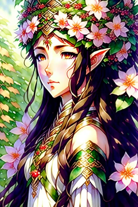 summer elf queen, flowers in hair, berries in hair, leaves, leaves, leaf, 1986 Japanese anime movie poster, portrait of a beautiful celtic elf girl, ghibli style, old school style, watercolor, realistic face, 80's style, brown hair,