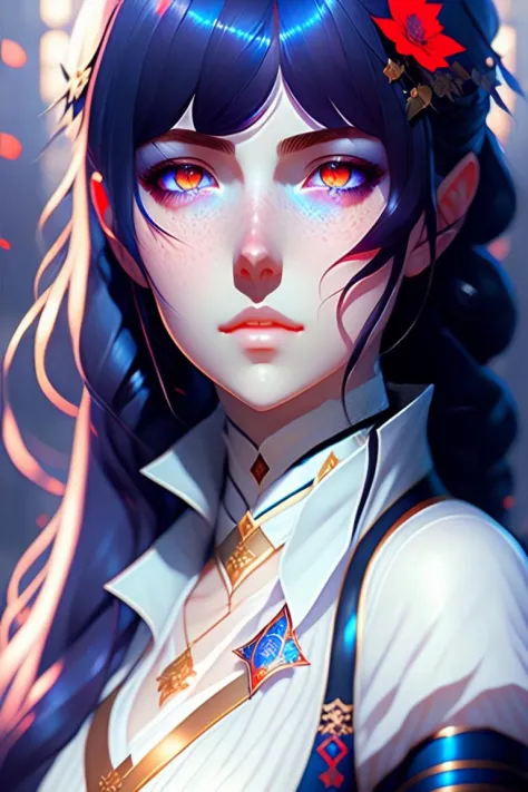 portrait of beautiful gothic girl, cute face with freckles, blue and red eyes, ntricate, highly detailed, digital painting, official media, anime key visual, concept art, rich colors, ambient lighting, sharp focus, illustration, art by wlop and ilya kuvshi...