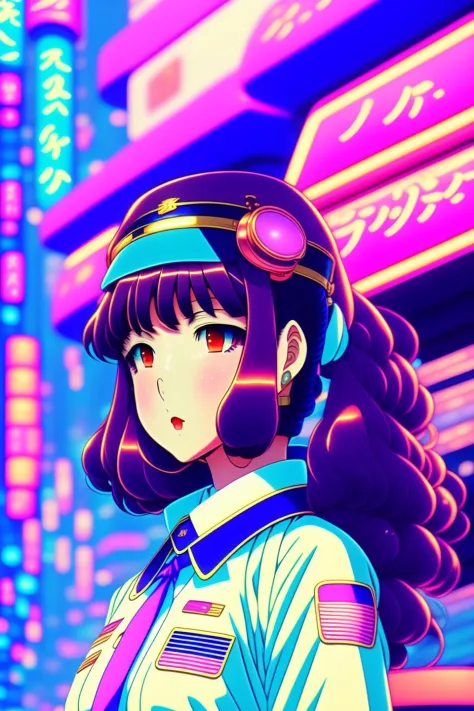 Vintage 90's anime style. girl on the streets of Tokyo wearing formal sailor uniform;  sci-fi, colors, neon lights. line art, pastel colours