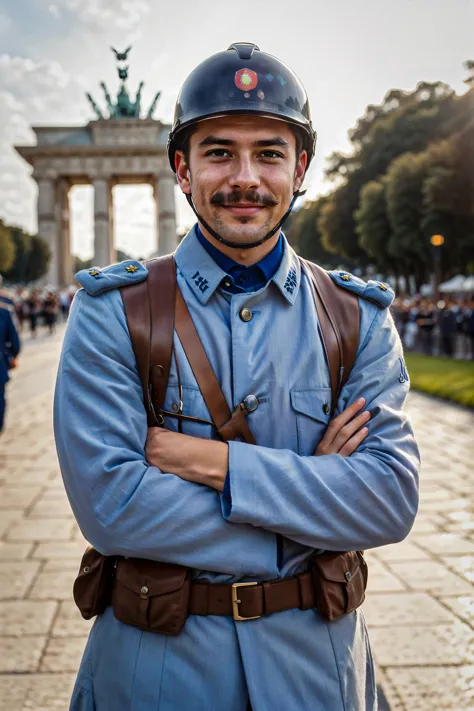 a man in uniform is looking into the camera, helmet, mustache, (huge smile, laughing), arms crossed,
Brandenburg Gate in the background,
flare, 35mm photograph, film, bokeh, professional, 4k, highly detailed
<lora:ww1_french_soldier_v0.2:0.6>