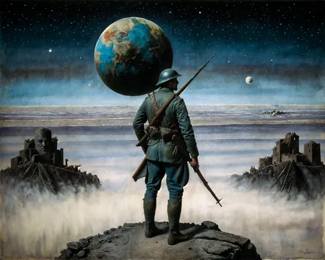 painting of a soldier with a rifle and a rifle standing on a rock