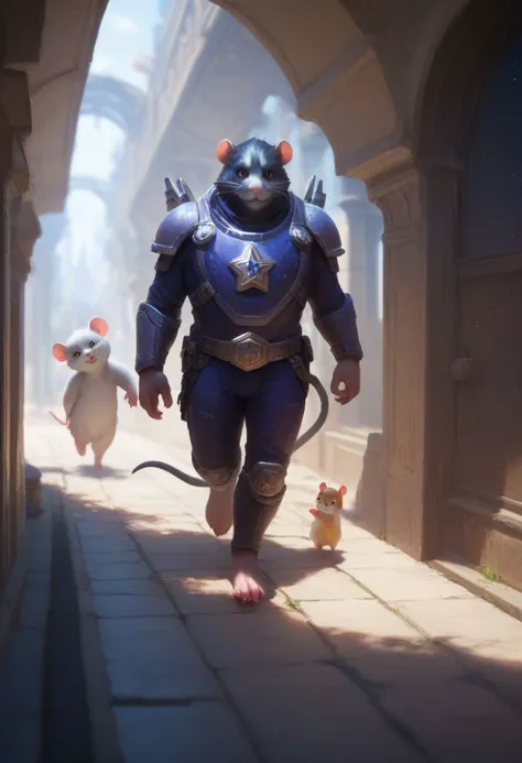 a man in a blue suit walking down a street with a mouse