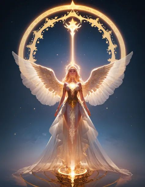 a woman in a white dress with wings and a star above her