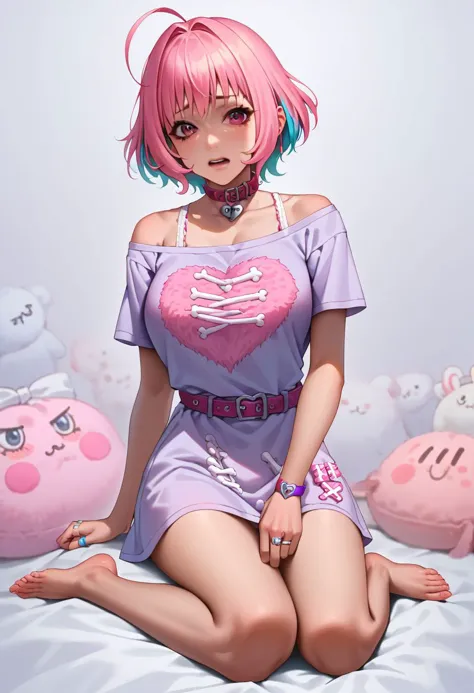 anime girl with pink hair and blue eyes sitting on a bed