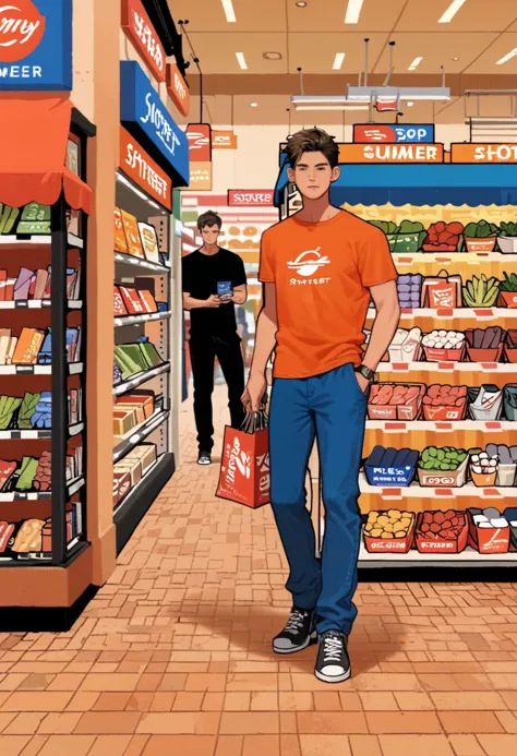 illustration of a man walking down a grocery aisle with a grocery bag