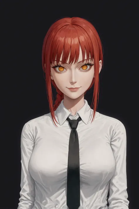 digital art, makima \(chainsaw man\), best quality, ultra detailed, 1girl, solo, standing, red hair, long braided hair, golden eyes, bangs, medium breasts, white shirt, necktie, stare, smile, (evil:1.2), looking at viewer, (interview:1.3), (dark background, chains:1.3)