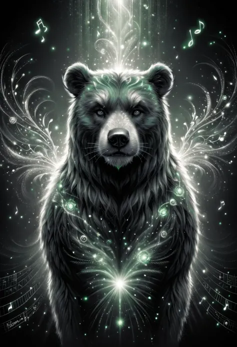 score_9, score_8_up, aesthetic illustration of a cute magical Grizzly Bear in an enchanted wonderland, zealous, beautiful whimsi...