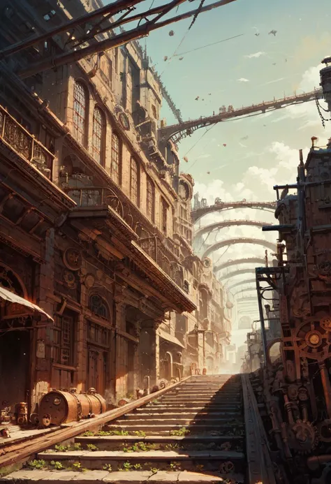 score_9, score_8_up, score_7_up, score_6_up, source anime, no humans, a steampunk city, scenery, clock, pipes, cog, gears, coppe...