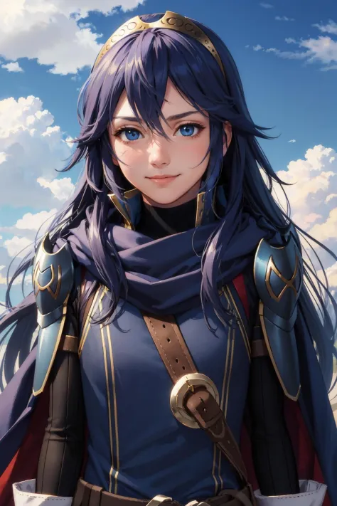 masterpiece, best quality,  <lora:lucina-nvwls-v1-000008:1> defLucy, symbol-shaped pupils, tiara, blue scarf, blue coat, shoulder armor, long sleeves, cuffs, belt, fingerless gloves, upper body, looking at viewer, furrowed brow, blue sky, clouds, furrowed brow, smile