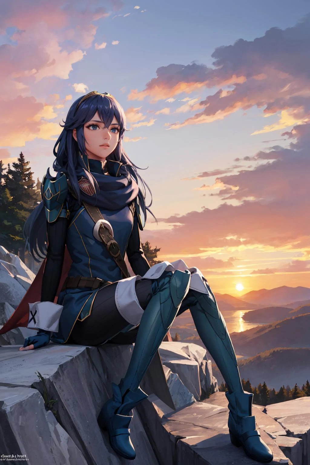 masterpiece, best quality,  defLucy, tiara, cape, blue scarf, blue coat, shoulder armor, long sleeves, cuffs, belt, fingerless gloves, black pantyhose, thigh boots, sitting, cliff, looking up, sky, rocks, mountains, sunset
