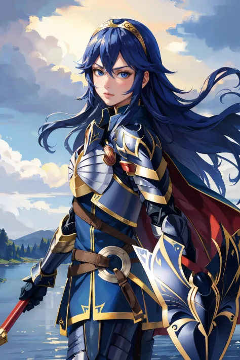 masterpiece, best quality,  <lora:lucina-nvwls-v1-000008:1> brvLucy, tiara, cape, full armor, breastplate, gauntlets, armored le...