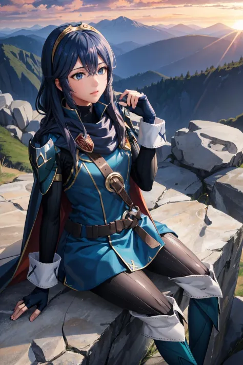 masterpiece, best quality,  <lora:lucina-nvwls-v2:0.9> defLucy, tiara, cape, blue scarf, blue coat, shoulder armor, long sleeves...