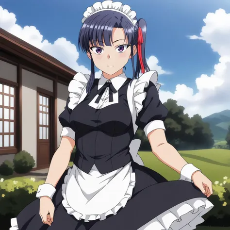 <lora:SakuraMiyajimaXLpony001>,<lora:bold-16oa:-0.5>,
solo,
SakuraMiyajima,1girl,blue hair,side ponytail,purple eyes,hair ribbon,
cowboy shot,outdoors,
maid,