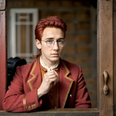 there is a man with red hair and glasses looking out of a window