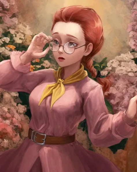 a painting of a woman in a pink dress and glasses