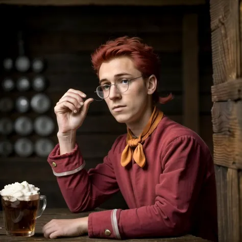 there is a woman sitting at a table with a drink and a glass