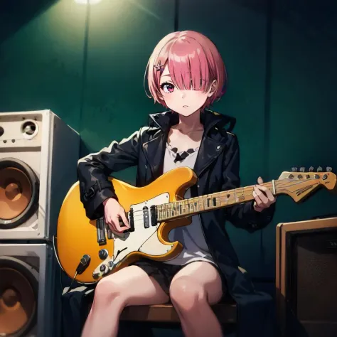 1girl, solo, ram, sitting on amplifier, playing electric guitar, trench coat, hair over one eye, eyes visible through hair