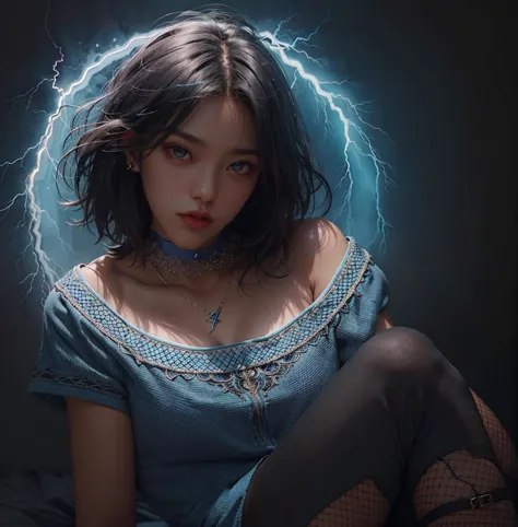 black hair, dark background, short hair, looking at viewer, ((realistic blue lightning)), blue light, stockings, choker, dramati...