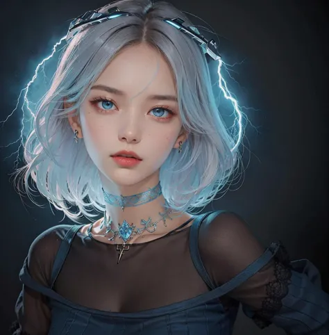 black hair, dark background, looking at viewer, (realistic blue lightning), blue light, stockings, choker, dramatic lighting, intricate dress
