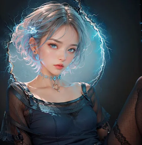 (photo-realistic:1.3)
black hair, dark background, short hair, looking at  viewer, ((realistic blue lightning)), blue light, stockings, choker, dramatic lighting, intricate dress
 <lora:betterCuteAsian03:0.2>