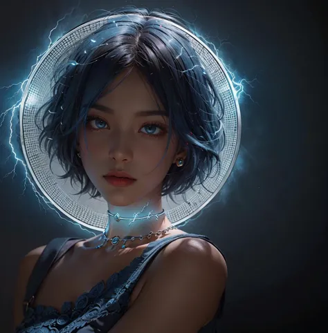 black hair, dark background, short hair, looking at viewer, ((realistic blue lightning)), blue light, stockings, choker, dramatic lighting, intricate dress
<lora:betterCuteAsian03:0.2>