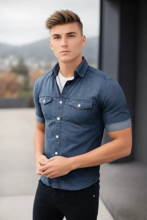 a man in a blue shirt and black pants standing on a sidewalk