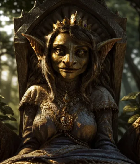 Queen of the Goblins, Her majestic presence fills the frame as she sits upon her throne, her gaze unwavering and commanding. Eve...