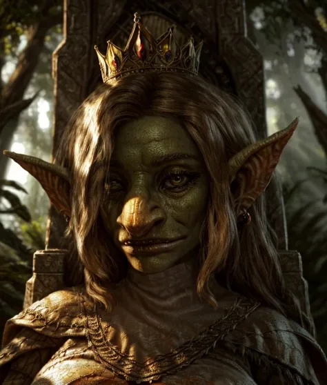 Queen of the Goblins, Her majestic presence fills the frame as she sits upon her throne, her gaze unwavering and commanding. Every intricate detail of her regal attire, from the delicate embroidery of her gown to the shimmering jewels adorning her crown, is rendered with astonishing realism. The soft glow of enchanted lanterns casts warm highlights and deep shadows, creating a sense of depth and atmosphere in the scene. The forest backdrop is depicted with breathtaking realism, each leaf and blade of grass rendered with meticulous attention to detail. Sunlight filters through the canopy above, dappling the forest floor with golden rays and adding to the immersive nature of the image. The camera, equipped with a 70mm lens, captures the queen in a close-up shot, allowing the viewer to appreciate every subtle expression and nuance of her royal demeanor. With its lifelike detail and masterful use of lighting, this photorealistic depiction transports the viewer into the heart of the enchanted forest, where the Queen of the Goblins reigns supreme.
((Type of Image: Photorealistic))
((Art Styles: Realism))
((Art Inspirations: None specified))
((Camera: Close-up shot, 70mm lens))
((Render Related Information: Lifelike detail, masterful lighting))
g0blin