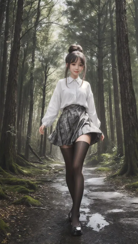 a woman in a skirt and shirt walking down a path in the woods