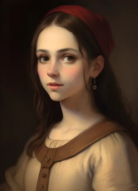 ((high quality, masterpiece:1.4)), 1girl, ((upper body)), side view, oil painting style, oil painting, medieval portrait, portra...