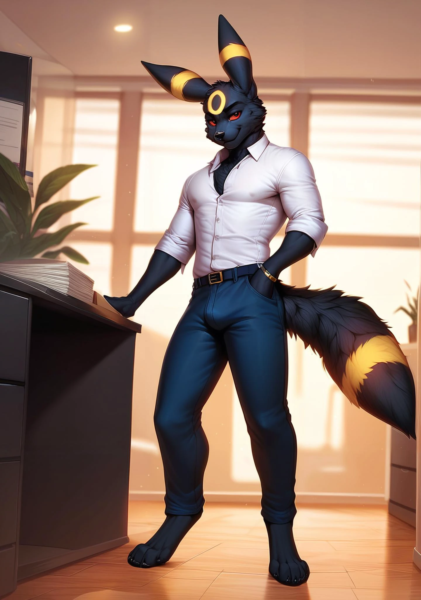 score_9, score_8_up, score_7_up, score_6_up, score_5_up, score_4_up, rating explicit, source furry BREAK
 umbreon, black body,  black fur, yellow markings, 5 fingers,  male, solo, collared shirt, pants,  full-length portrait, standing, office,  eeveelution,