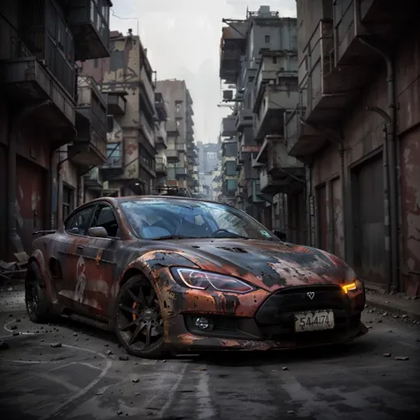 a photo of a rusty tslas (zeekars), 3/4 front view, survival, post-apocalyptic, cyberpunk, outdoors, night, destruction, urban d...