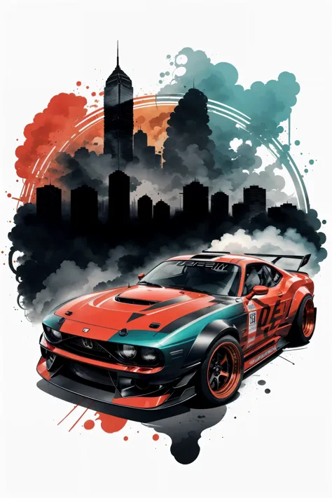 a car with a skyline in the background and a red and blue paint splattered on it