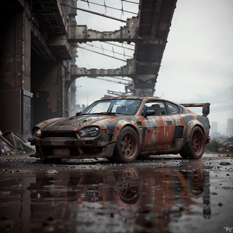 a photo of a rusty tslas (zeekars), 3/4 front view, survival, post-apocalyptic, cyberpunk, outdoors, night, destruction, urban d...