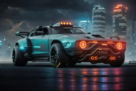 a 3/4 front view of ((futuristic cyberpunk hotrod zeekars)) (with glowing tires), neon glow , cyberpunk muscle car, <lora:zeekars:0.5>, lighting storm in the background, Black and ((dark blue)), in cyberpunk city, ((badass))