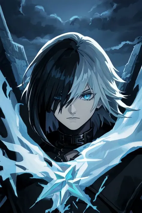 Highly-Detailed Medieval Fantasy fighter male masculine muscular portrait face black blue white Diamond-patterned-jacket cloud strife Diamond-Checkers bangs dark-hair Mullet-hair messy-hair bob-cut seinen dramatic (solo) protagonist Shadowed-Background (Howl Ghibli)