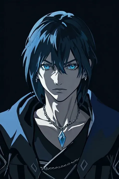 Highly-Detailed Medieval Fantasy fighter male masculine muscular portrait face black blue white (checkered) Diamond-checker-jacket cloud strife checkered Diamond-Checkers bangs dark-blue-hair Mullet-hair messy-hair bob-cut seinen dramatic (solo) protagonist Shadowed-Background (Howl Ghibli)