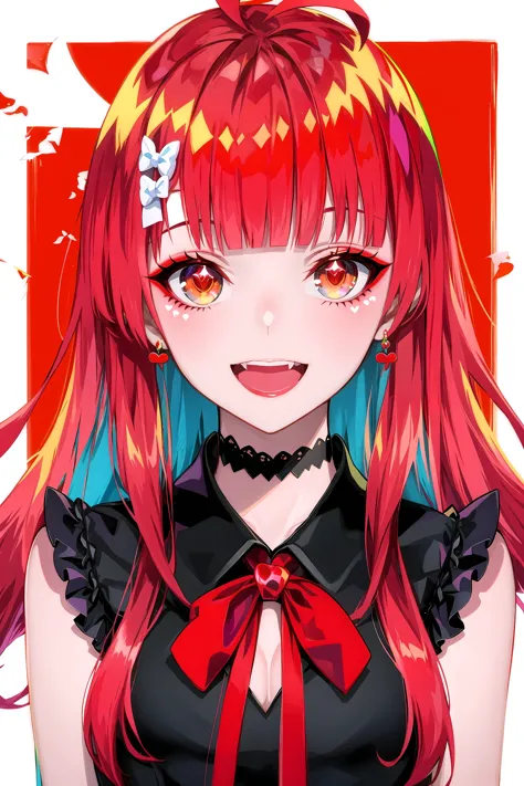 1girl, ahoge, bangs, black dress, blunt bangs, bow, choker, dress, heart, kureiji ollie, long hair, looking at viewer, multicolored hair, open mouth, red bow, red eyes, red hair, smile, solo, upper body, virtual youtuber,lam-style