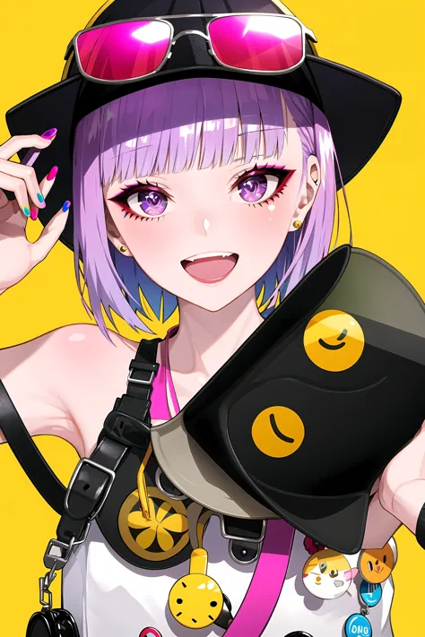 anime girl with purple hair and a black hat holding a black purse