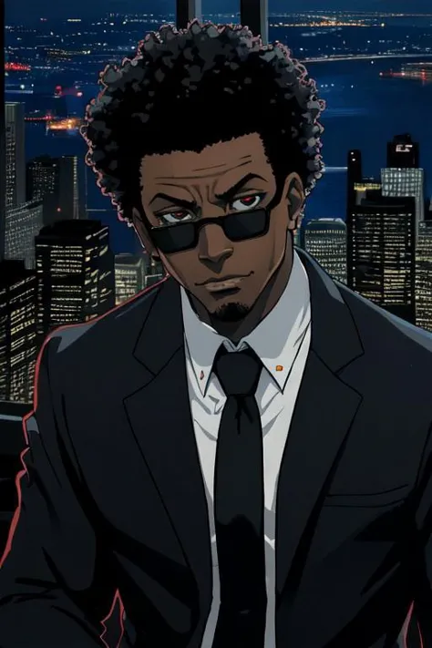 (High-Detail) (Jujutsu-Kaisen-style) (1970s) disco (America) Detroit Solo Portrait (Closeup) (Muscular) dark skin (Anime-Protagonist Hero) male vibrant manly (african-american) (big-afro) office-building window city-skyline night-time city-lights shadow men-in-black black-suit-and-tie CIA FBI sunglasses (Anime) big-nose