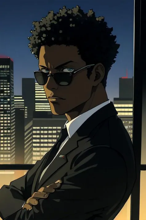 (High-Detail) (Jujutsu-Kaisen-style) (1970s) (America) Detroit Solo Portrait (Closeup) (Muscular) dark skin (Anime-Protagonist Hero) male vibrant manly (african-american) (afro) office-building window city-skyline night-time men-in-black black-suit-and-tie CIA FBI sunglasses (Anime)