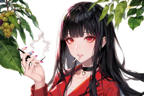 anime girl with long black hair smoking a cigarette