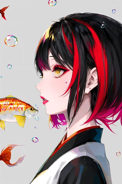 anime girl with red hair and black hair blowing bubbles